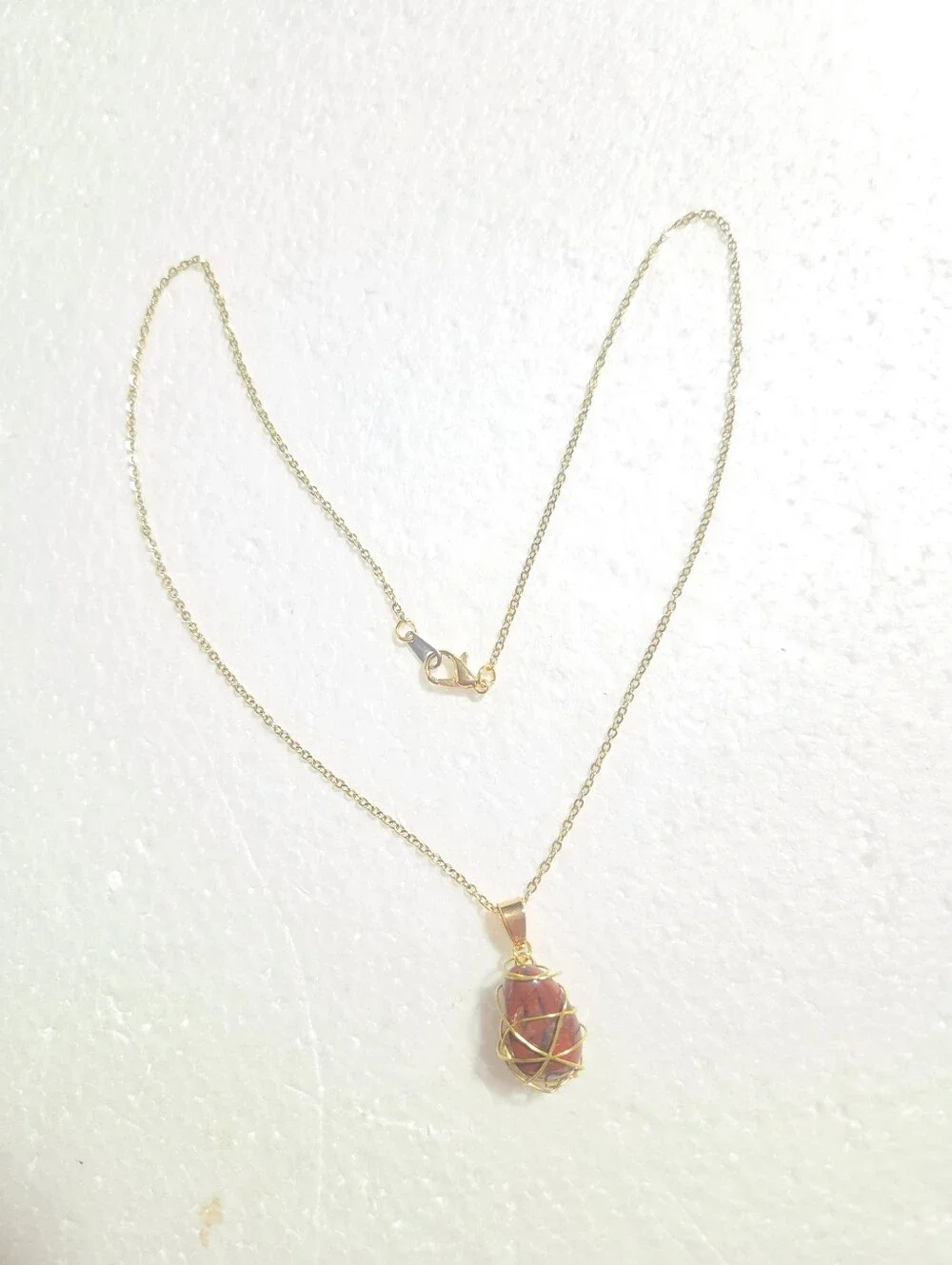 Handcrafted Gold Wire-Wrapped Red Jasper Stone Pendant Necklace